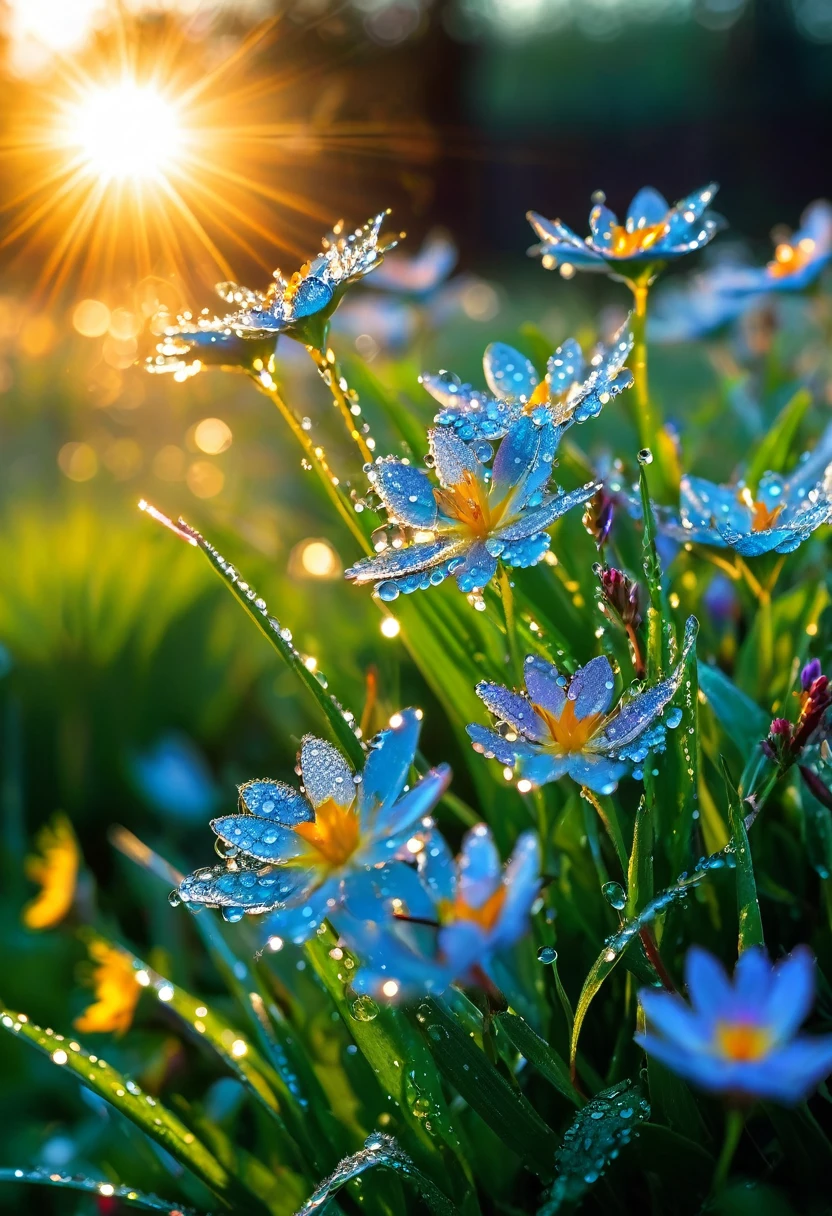 The first rays of sunlight in the morning，Dew on flowers，(sunrise)，Beautiful picture，HD Wallpapers