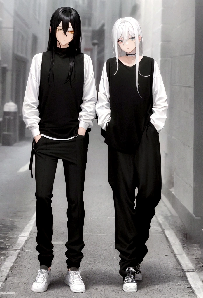 It has a black shirt with silver details, a black hunt, and black and white sneakers ,yellow and black eyes heterochromia, dark expression , Messy hair , Medium length hair , 1 men , black and white hair more black than white , two tone hair , dark skin color has, He&#39;s walking around town with his hands in his pockets