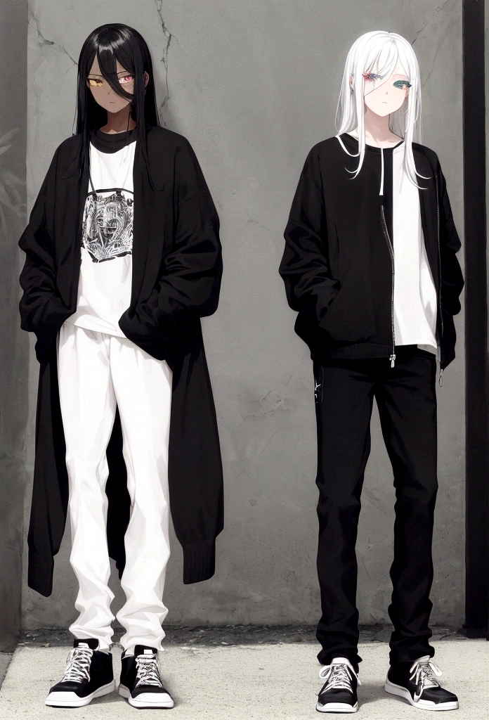 It has a black shirt with silver details, a black hunt, and black and white sneakers ,yellow and black eyes heterochromia, dark expression , Messy hair , Medium length hair , 1 men , black and white hair more black than white , two tone hair , dark skin color has, He's walking around town with his hands in his pockets