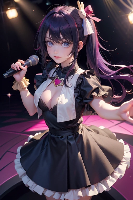 1girl, Ai Hoshino_(Oshi no Ko), centered girl, perfectly body, perfectly hands, solo, jewelry, magenta roses, rabbit jewel on her hair, ornament hair, twintails, rabbit jewel on her hair, purple hair, long hair, long flowing hair, floating hair, ornament hair, perfectly body, perfectly hands, rose on hair, magenta rose on hair, Looking at the audience, flowing hair, Beautiful Eyes, Plump and glossy lips, Idol, black dress with too many frills, black dress, magenta laces, black Short skirt, small skirt, black skirt with layers, Drape clothes, magenta gem, Lace trim, bright stage, luxury gold details, gold jewelry, more details, best quality, Big sparkling eyes, blushing, black Striped Lace Stockings, black ta skirt, sparkle, solo, centered girl, cowboy shot, perfectly body, perfectly hands, two arms, two legs, two hands, five fingers, perfect anatomy, glowing hair, magenta roses, on the stage, sparkles, more details on her clothes, black dress with transparency, golden details on her dress, night, holding a microphone, ((4k, masterpiece, top-quality)), 8k, best quality, high resolution, UHD, (illustration:0.8), super cute girl, delicate and beautiful face, mature girl, super cute hairstyle, (beautiful detailed eyes:1.6), extremely detailed face, perfect lighting, extremely detailed CG, (perfect hands, perfect anatomy), Best quality, cleavage