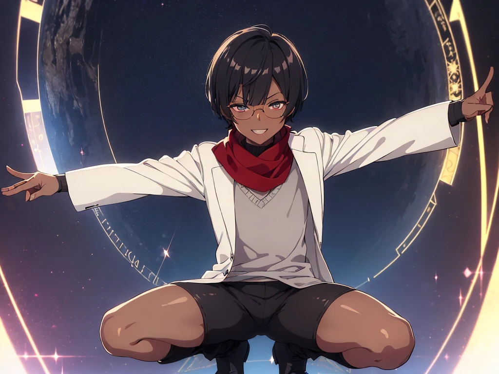 (flat chest), (masterpiece:1.2), highest quality, High resolution, unity 8k wallpaper, (fine and beautiful eyes:1.6), highly detailed face, perfect lighting, Detailed CG, (perfect hands, perfect anatomy), (1 boy solo:1.4), 20 years old, black hair, extremely beautiful detailfeminine face and eyes, (evil smile:1.4), detailed eyes, best quality,( dark skin:1.8), (turtleneck shirt under lab coat:1.2), (bike shorts:1.2), extremely detailed, very precise detailed, (glasses:1.3), blunt bangs, open mouth, (very short pixie cut:1.2), boots,fingerless gloves, smile, (half closed eyes:1.3) ,(squat in magic circle on ground) ,night sky,long sidelocks,(long red Scarf),(lab coat),(squatting),(squat:1.3),(one knee dwon:1.5),(Put one foot in front:1.3),(stylish pose:1.4),(Raise only index finger:1.1),(spread arms:1.2),(in magic circle on ground only),(open magic scroll by both hands:1.4),(have magic scroll:1.3)