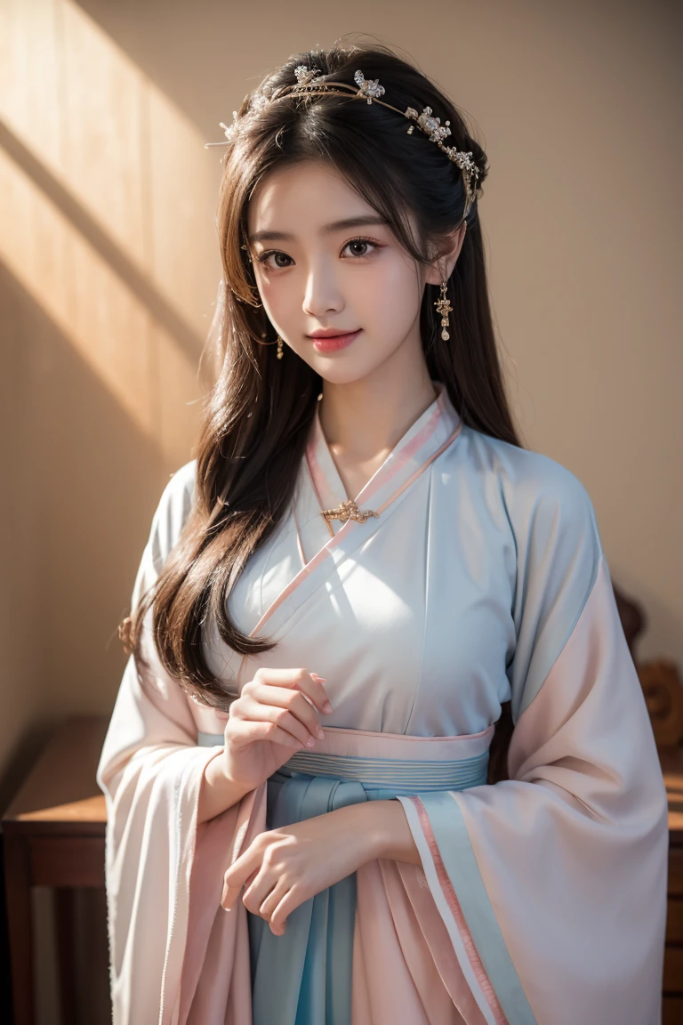 excellent quality, masterpiece, High Resolutiexist, 1 Girl, blush, (Charming smile: 0.8), Star Student, Chinese Hanfu, Hair accessories, necklace, Jewelry, beauty, exist_Body, Tyndall effect, Practical, Shadow Room, Light Edge, Two-texiste Lighting, (High Detail Skin: 1.2), 8K UHD, SLR, Soft Light, high quality, Volumetric Lighting, photo, High Resolutiexist, 4K, 8K, Background blur, Real Persexist