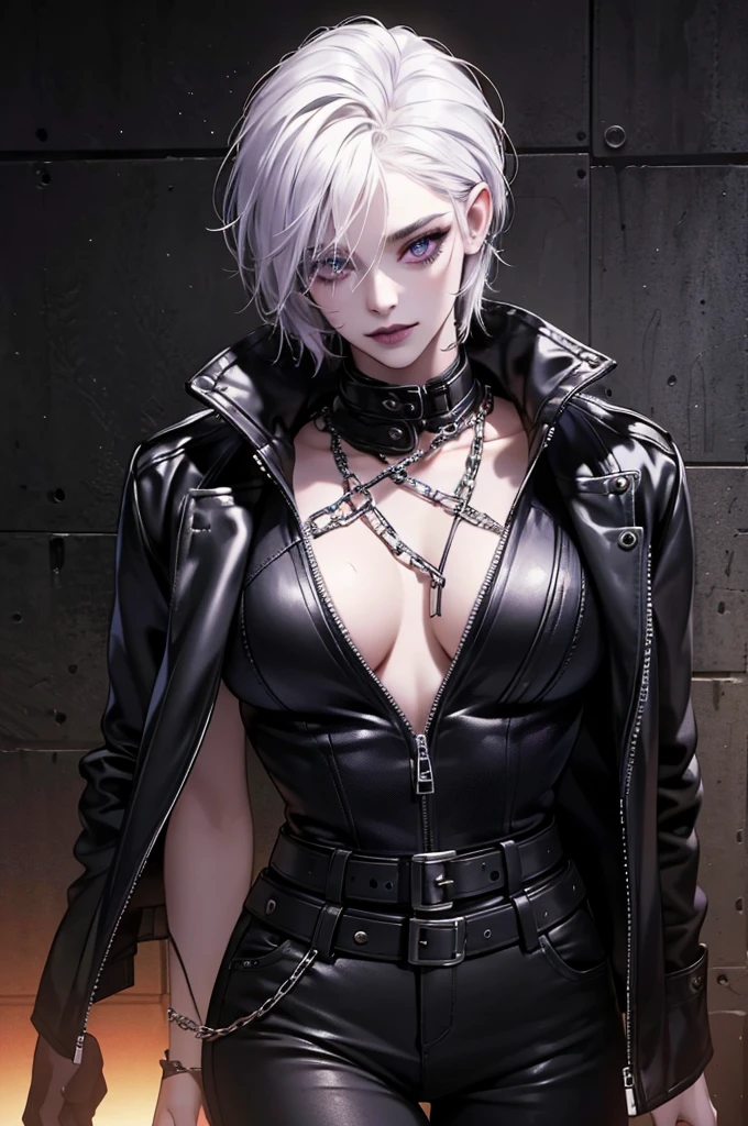 a punk girl, student, hooligan, short messy white hair, purple eyes, black punk clothes, punk, chains, black sleeveless top, baggy black pants, sadistic smile, aggressive, dark purple lipstick, thug, (best quality,4k,8k,highres,masterpiece:1.2),ultra-detailed,(realistic,photorealistic,photo-realistic:1.37),cinematic lighting,dramatic shadows,gothic,dark fantasy,moody,dramatic, leather jacket hanging from the shoulders pumped up muscles