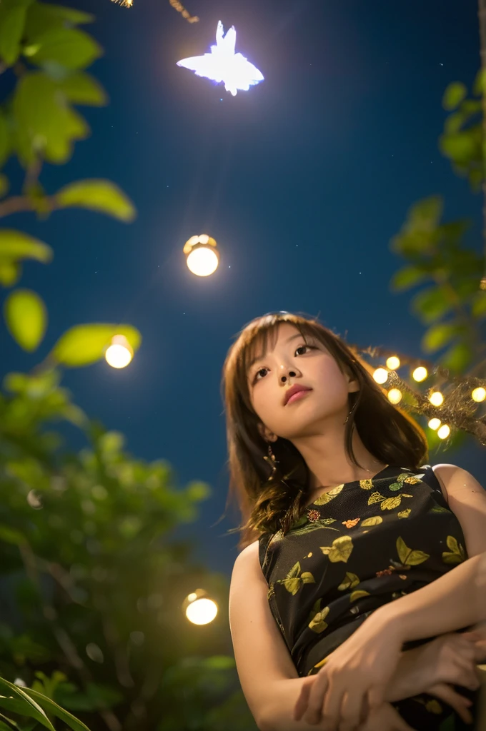 (8K, of the highest quality, masutepiece: 1.2), (Realistic, Photorealistic: 1.37), Super Detail, one girls, Wide-angle angle of view, Firefly Garden, There are many small faint lights and fireflies flying around, Night