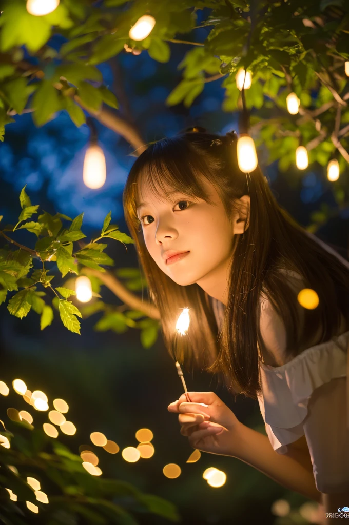 (8K, of the highest quality, masutepiece: 1.2), (Realistic, Photorealistic: 1.37), Super Detail, one girls, Wide-angle angle of view, Firefly Garden, There are many small faint lights and fireflies flying around, Night