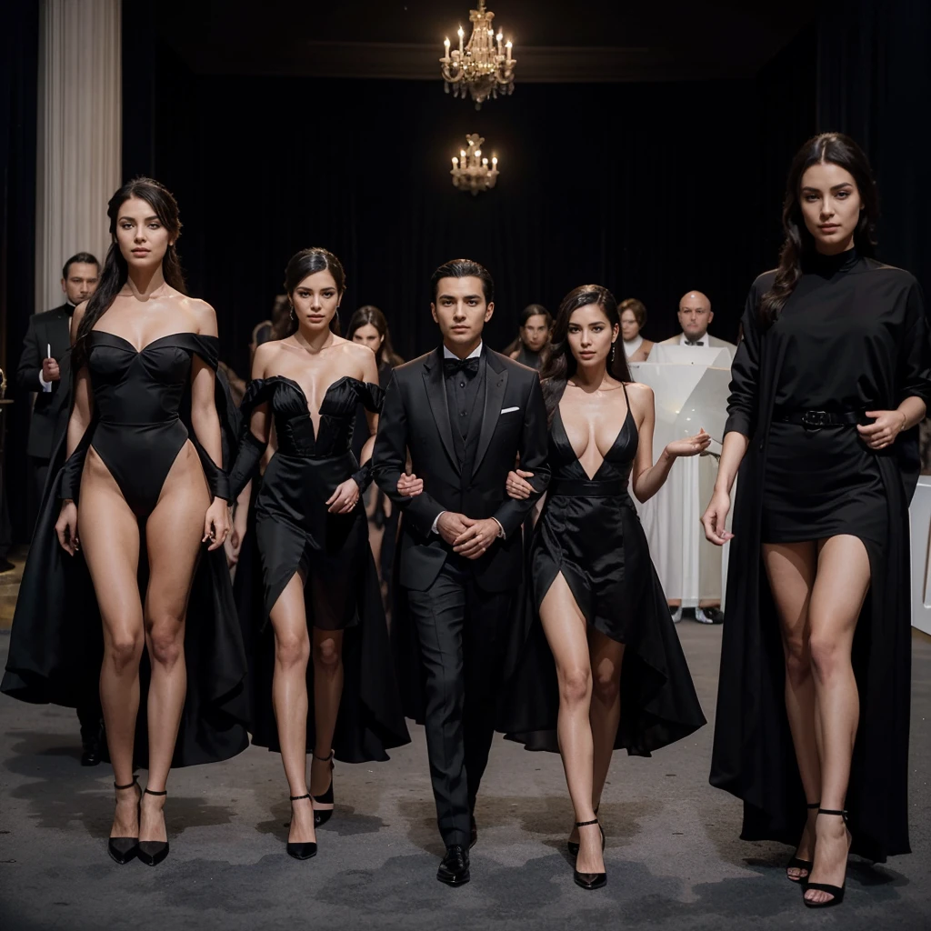 Capture the elegance and sophistication of eight individuals, comprising four men and four women, dressed in black attire. The four men don black tuxedos, while the four women adorn themselves in long black gowns. They stand side by side on the grand opera stage, exuding an air of utmost refinement and poise. Ensure the image is a realistic, ultra HD portrayal of this scene.