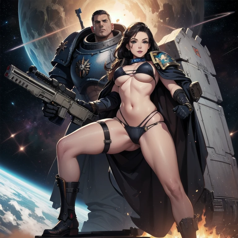 pin-up style drawing, female Warhammer 40k space marine, sexy pose, armored bikini, posing on the bridge of a space dreadnought, holding a space marine assault rifle