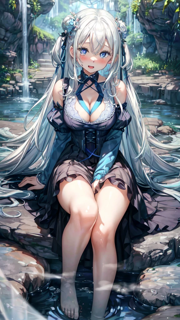 ((masterpiece, sidelighting, finely detailed beautiful eyes: 1.2)), ultra-detailed, ultra high res, professional lighting, high quality makeup, beautiful detailed eyes, sexy, beautiful, big eyes, (drooping eye:1.2), 1girl, solo, alone, (large breasts), slender body, smiling, (blue gothic lolita dress:1.2), (white hair, weavy long hair with blue ribbon:1.3), blue sapphire eyes, wide sleeves, outdoors, forest, full body, highest quality, ultra detailed, Soft light,  (rime:1.3), Extremely cute, (extremely detailed beautiful face), Authentic skin texture, beautiful hair, beautiful face, beautiful eyes, beautiful body, beautiful hands, (sexual pleasure, sexual aroused, orgasm, happy:1.8), (face focus, cleavage breasts focus, thigh focus:1.8), (erect nipples), (steam:1.2), open mouth