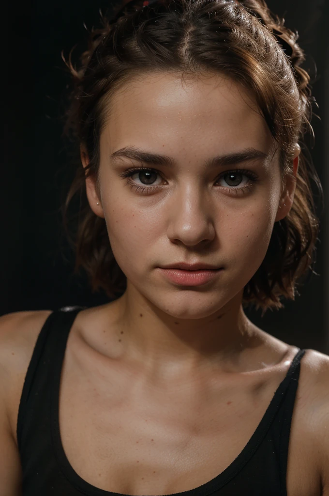 analog photo,silhouette,stand out,Close up portrait,
a beautiful and cute young swiss girl,14 years,Very detailed face,rubio,messy bun,
seducing facial expression,wearing t-shirt,dark background,warm colors,
RAW candid cinema,16mm,Portra 400 color graded film,color notable,ultra realistic, naked 