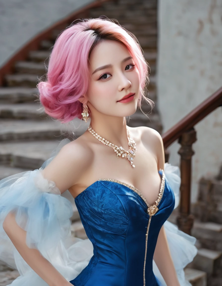 beautifull woamn with pink hair ((masterpiece, Highest quality, Best image quality, High resolution, Realistic, RAW Photos, 8K)), Woman in sapphire blue and gold marine, dress, (Long pink hair, hair tied back, Jeweled wig, Long gloves, Glass Slipper, Bare shoulders, Bare back), Looking back from halfway up the wide staircase leading to the castle, Look down,far away shot,widea angle taken
