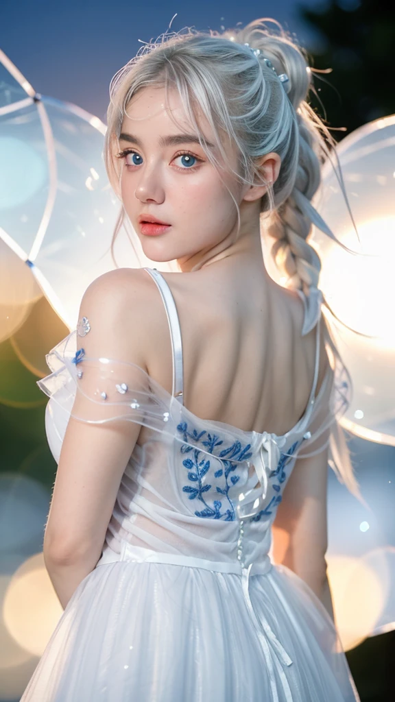 Georgeous, Beautiful, Cute, Baby Face, 18 Years Old, White Skin, Cleavage, ((Large Colossal Breast:1.3)), Sleeveless, Off Shoulder, Strapless, ((Transparent:1.3)), ((White Long ****ta Dress)), (Embroidery), Posing, ((Silver Hair)), ((Bright Blue Eye)), ((Muscles:1.3)), ((Bokeh:1.3)), Animal Farmer Background, Masterpiece, Twintails