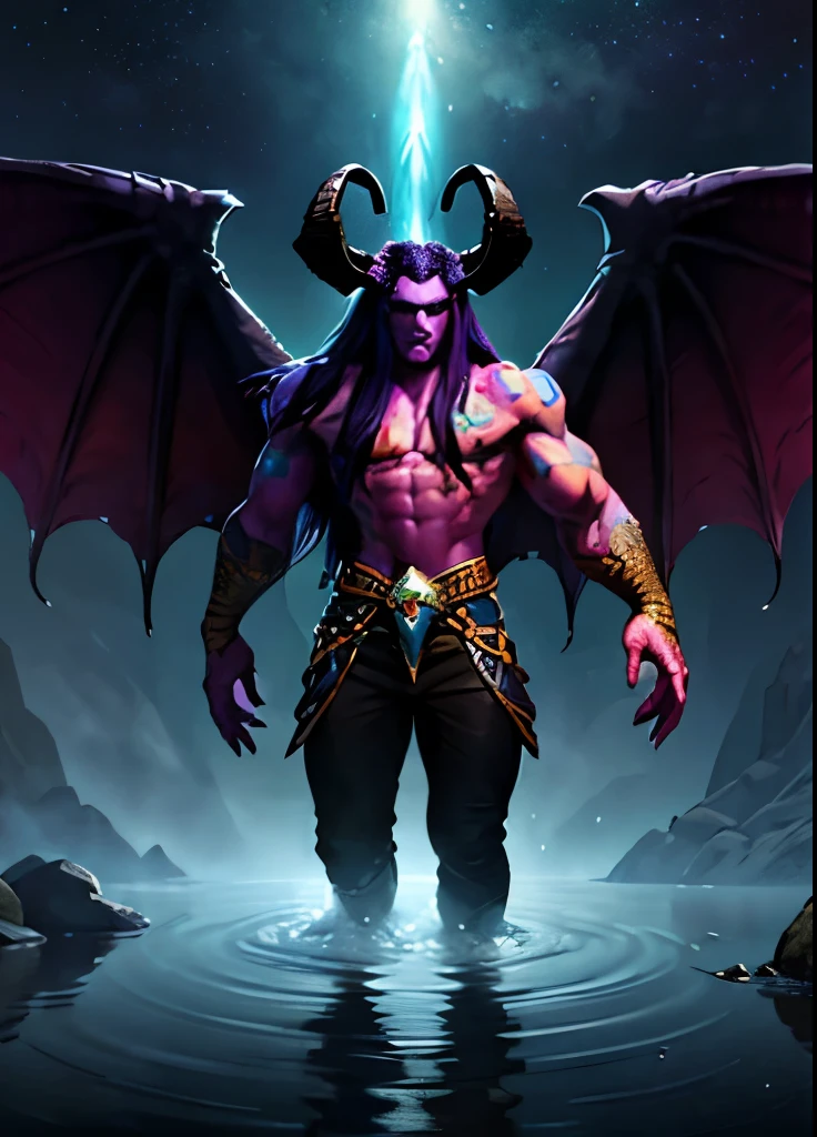 1boy, muscular burly muscular incubator demon, wings, big horns, bright blue eyes, big bump thong, space, water, reflection, volumetric lighting, best quality, masterpiece, realistic, dark purple gradient very long hair, character chart, anatomically correct, 4K