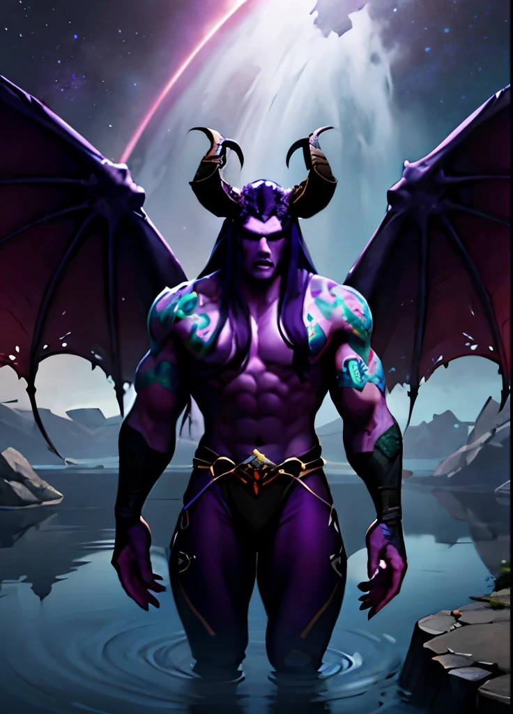 1boy, muscular burly muscular incubator demon, wings, big horns, bright blue eyes, big bump thong, space, water, reflection, volumetric lighting, best quality, masterpiece, realistic, dark purple gradient very long hair, character chart, anatomically correct, 4K