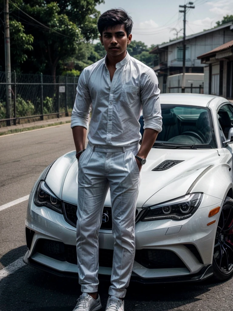 A 18 years old Indian bihari boy, white skin, black short hair, wearing formal white shirt gray pant, stand next to the sport car, motion blur, drop shadow, speed lines, 8k, 16k, 1080P, HD, highres, best quality, award winning, high quality, high details, super detail, anatomically correct