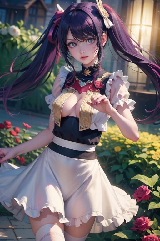 1girl, Ai Hoshino_(Oshi no Ko), centered girl, perfectly body, perfectly hands, solo, jewelry, magenta roses, rabbit jewel on her hair, ornament hair, twintails, rabbit jewel on her hair, purple hair, long hair, long flowing hair, floating hair, ornament hair, perfectly body, perfectly hands, garden scenery, rose on hair, magenta rose on hair, Looking at the audience, flowing hair, Beautiful Eyes, Plump and glossy lips, Idol, dress with too many frills, white dress, magenta laces, white Short skirt, small skirt, skirt with layers, Drape clothes, magenta gem, Lace trim, bright stage in the garden, luxury gold details, gold jewelry, more details, best quality, Big sparkling eyes, blushing, Striped Lace Stockings, white Lolita skirt, sparkle, solo, centered girl, cowboy shot, perfectly body, perfectly hands, two arms, two legs, two hands, five fingers, perfect anatomy, glowing hair, magenta roses, a stage in the garden, sparkles, more details on her clothes, dress with transparency, golden details on her dress, night, holding a microphone, ((4k, masterpiece, top-quality)), 8k, best quality, high resolution, UHD, (illustration:0.8), super cute girl, delicate and beautiful face, mature girl, super cute hairstyle, (beautiful detailed eyes:1.6), extremely detailed face, perfect lighting, extremely detailed CG, (perfect hands, perfect anatomy), Best quality, cleavage