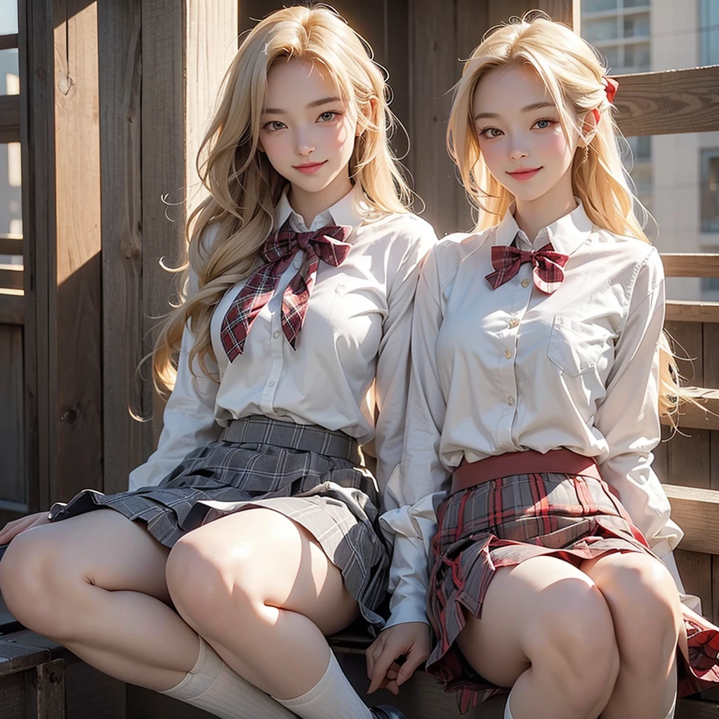 ((1 girl))、(smile:1.5)、Small breasts、（Cowboy Shot）、(fun!!)、(White cardigan:1.5)、(blonde)、blush、(Single Blade)、(Eye highlights:1.3)、Blake Black Footwear,(黒いskirt)、bow, button, shirt with collar, Long sleeve,  ((red bow tie, , Black jacket, Open jacket, Brown cardigan, white shirt, 黒のskirt, チェック柄のskirt、white socks)),, shirt,, skirt, socks, Thighs, white shirt, Rest indoors, ((classroom:1.5))、 BREAK while watching the audience、(skirtを掴む:1.0)、 (Perfect hands, Perfect Anatomy),Cowboy Shot、(skirt lift:1.3),(Highly detailed white panties:1.3)、(Highly detailed panties:1.3)、、(skirt that rolls up:1.3)、(Full-fledged panties:1.5)、blue eyes
