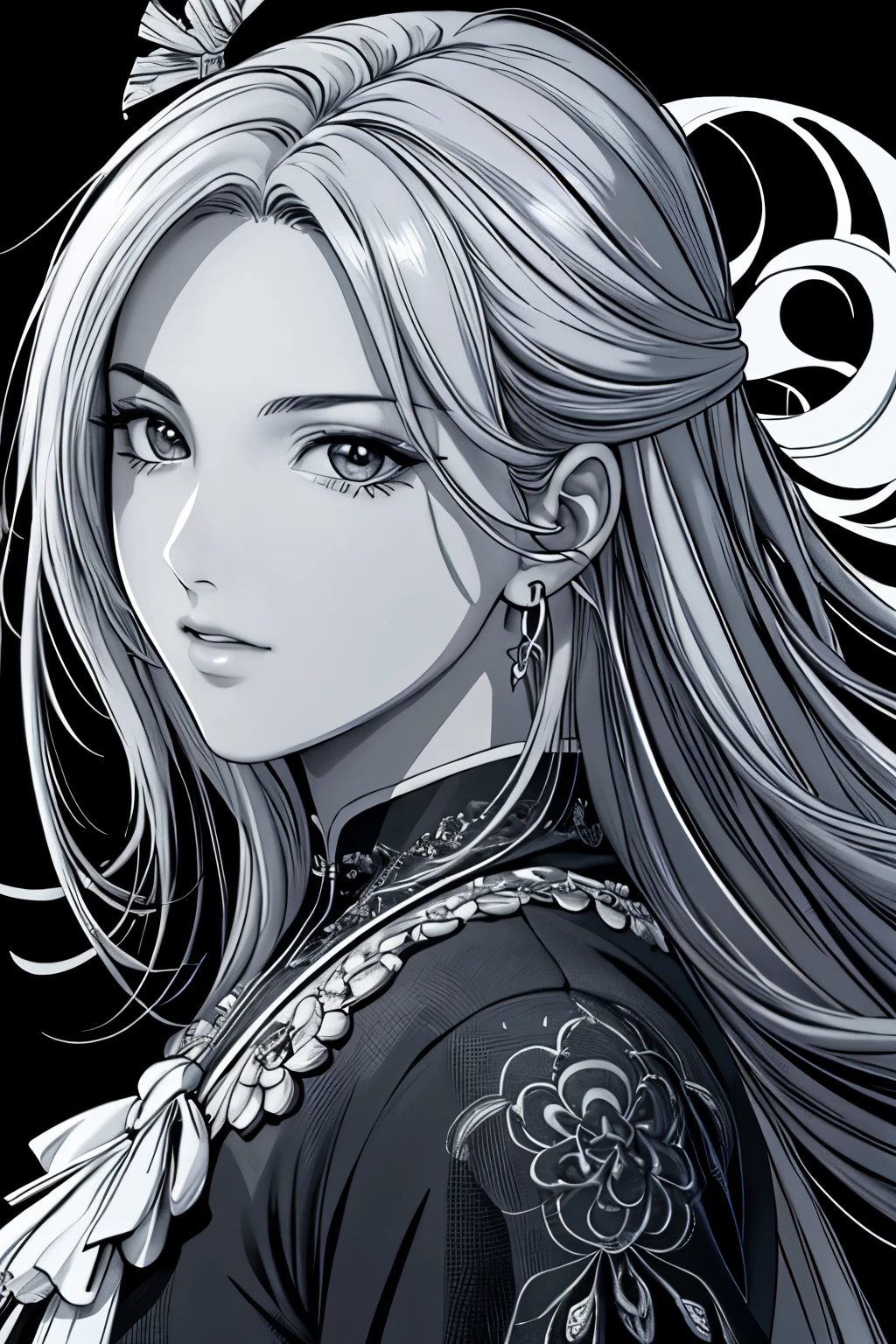 (masterpiece, Highest quality, Highest quality, Official Art, Beautiful and aesthetic:1.2), (Highest quality, masterpiece painting:1.3), black and white line drawings,(Monochrome:1.4),Immature woman, , (Half Body Shot), masterpiece, Ultra-high resolution, , Abstract art, (Side shot), (Photorealistic:1.0),Straight hair, Beautiful and shiny hair, 白くGlowing Skin, Picturesque, sketch, texture, Ultra-high resolution, alone, Beautiful woman, Very detailed, (Fractal Art:1.1), Most detailed, (Tangled:1.2), (Dynamic pose), (Abstract background:1.3), (Glowing Skin), (Earrings:1.4), (feather:0.9), Taisho romance