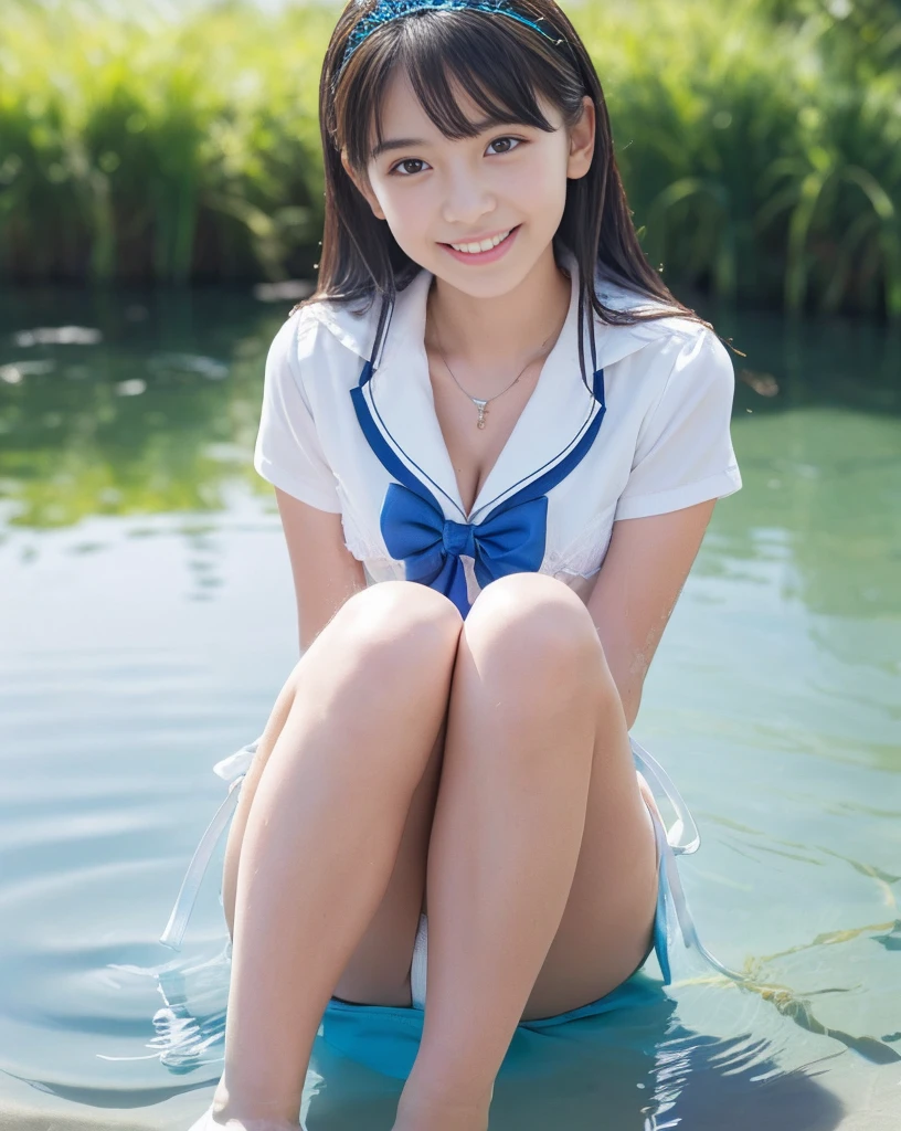 (NFSW)、(High resolution:1.5)、Highest quality,Very detailed,masterpiece,Super detailed,alone,(One girl),((Summer School Uniforms:1.5)), Seraphim, ((skirt:1.5)), smile, Thigh fetish images: 1.5、(((barefoot)))、(Her thighs and white bikini reflected in the clear blue water)、(reflected in water:1.5)、((I can see the white string panties:1.5))、(Cleavage)、((Clear blue seawater))、Summer sun、はしゃいだsmile、Beautiful Eyes、(pull-out-panties)、(Panties on knees)、Big necklace and tiara、The water is marine blue、(((Glossy thighs)))