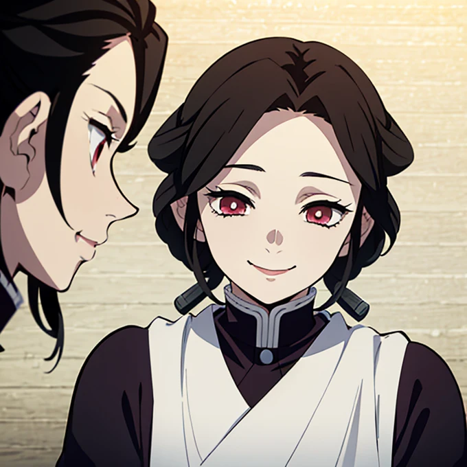 Kimetsu no yaiba style best quality 0.8,beautiful Dark hair. short hair (short above the shoulders) . Young woman with detailed red eyes (red eyes) dull and sad detailed. droopy eyes. warm face, his face has dirt, foreground. katana. smile,happy. (Alone) (in a training camp) (wooden katana) (sunny day) smiling kindly. foreground (detailed face) (Women) (famale) greeting someone with a smile
