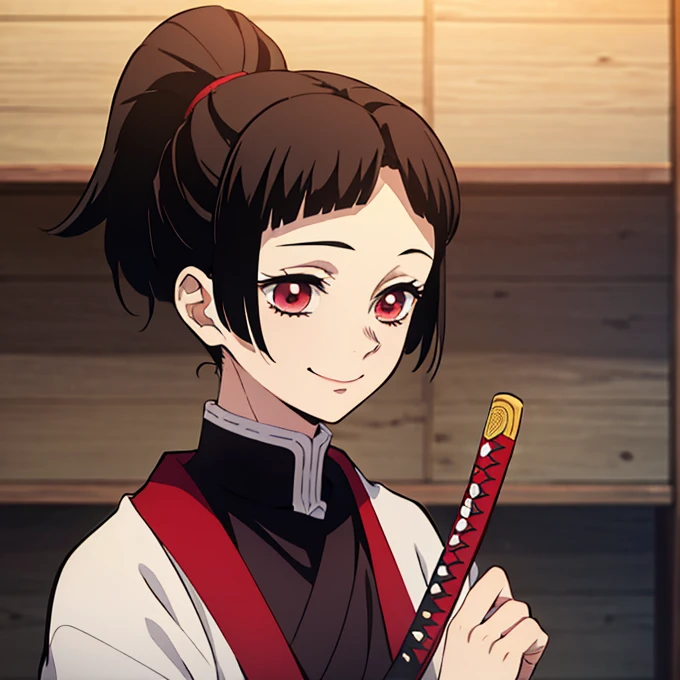 Kimetsu no yaiba style best quality 0.8,beautiful Dark hair. short hair (short above the shoulders) . Young woman with detailed red eyes (red eyes) dull and sad detailed. droopy eyes. warm face, his face has dirt, foreground. katana. smile,happy. (Alone) (in a training camp) (wooden katana) (sunny day) smiling kindly. foreground (detailed face) (Women) (famale) greeting someone with a smile