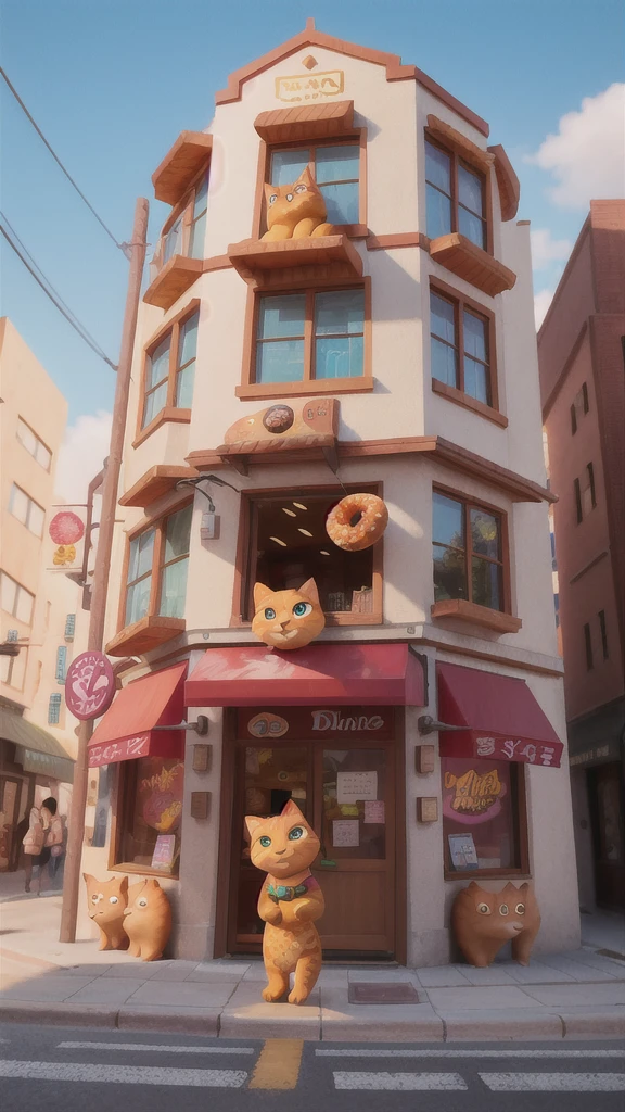 「A big ginger cat spots a colorful donut shop sign on a street corner.、Drooling。」

Stopping on a street corner、A big ginger cat spots a colorful donut shop sign、Drooling。The sign has colorful donuts on it.、It looks very delicious。Second