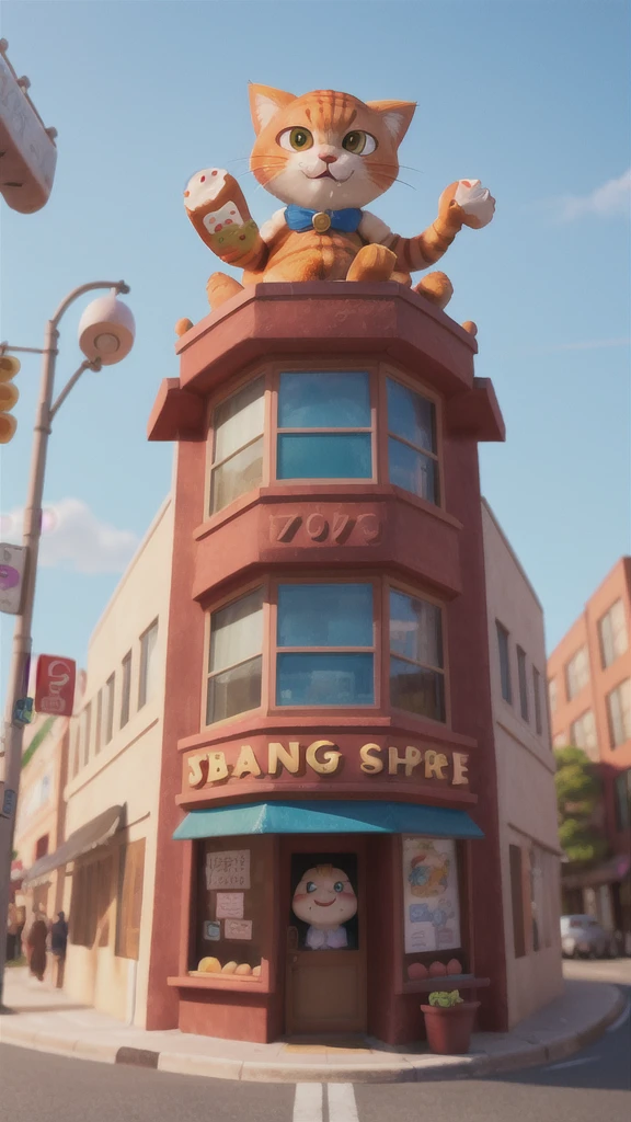 「A big ginger cat spots a colorful donut shop sign on a street corner.、Drooling。」
Stopping on a street corner、A big ginger cat spots a colorful donut shop sign、Drooling。The sign has colorful donuts on it.、It looks very delicious。Second
