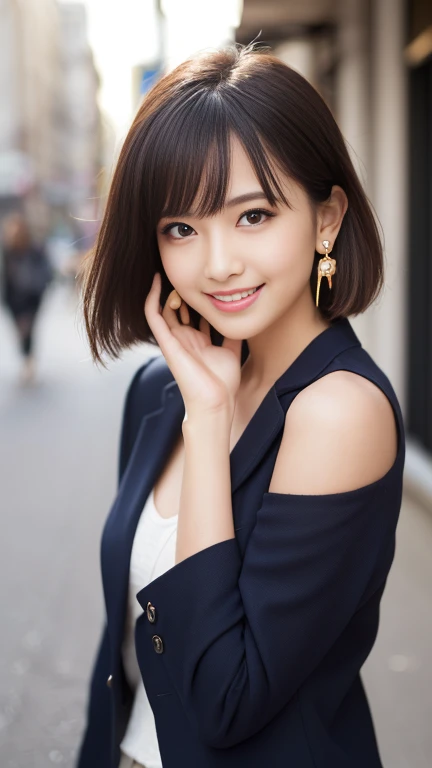 （masterpiece）、(Highest quality:1.5)、(Photorealistic:1.2)、(Surreal), (High resolution), (Realistic), (Post-processing),(Sharp focus), Sharp focus:1.2,Backlight, (Improvement of quality:1.4), Healthy thighs、(Narrow waist)、Big Ass、((Perfectly detailed five-fingered hands)),（Anatomically correct body）、((1 female:1.4))、Japanese、Realistic Skin、（Small chest：1.4）、Bust size is B cup、Pretty woman with perfect figure:1.4,(from the front:1.5), (Enhances the beauty of skin texture:1.1),No makeup、美しいBlack Hair、The best smile、Natural color lip、(Small Mouth:1.4)、(Oval Face)、Even bangs、Hide eyebrows with bangs、((29-year-old woman))、Bob Hair、Hair blowing in the wind, (Black Hair, Iris, Watery eyes, Shining Eyes, Bob Cut Hair, Small earrings,), Hair behind the ear、No makeup、(Drooping eyes)、Drooping eye corners、Photos taken by a professional photographer，1 girl, Cute Smile,whole body、(((One lovely woman)),((A big friendly smile)),(( Small breasts,Small breastsの谷間)),((((Plump Cheeks)))),((whole body：1.５)),A woman standing in the streets Ginza、Wearing a navy blue blazer、Wearing a white blouse、She is wearing a light blue Flared skirt、Wear pumps、The wind is blowing、A bag is hanging From the right shoulder、Balanced proportions、Small breasts、
