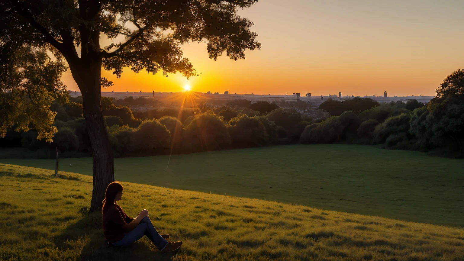 (Sunrise Time), solo, sitting, outdoors, sky, tree, no humans, building, scenery, cityscape, dark, grass, nature, forest,