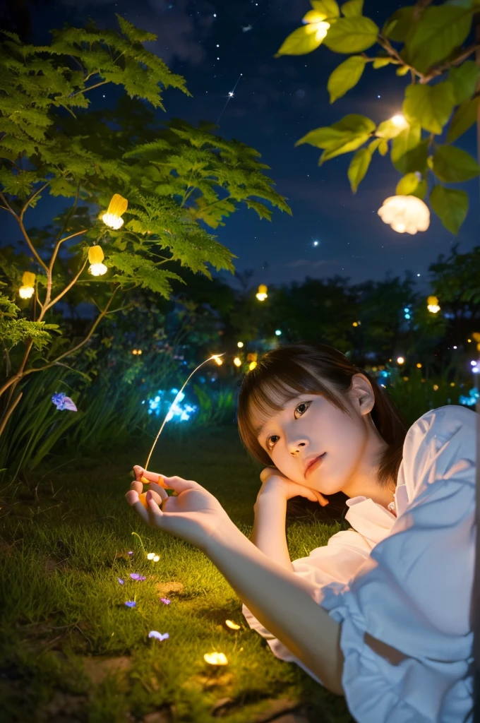 (8K, of the highest quality, masutepiece: 1.2), (Realistic, Photorealistic: 1.37), Super Detail, one girls, Wide-angle angle of view, Firefly Garden, There are many small faint lights and fireflies flying around, Night