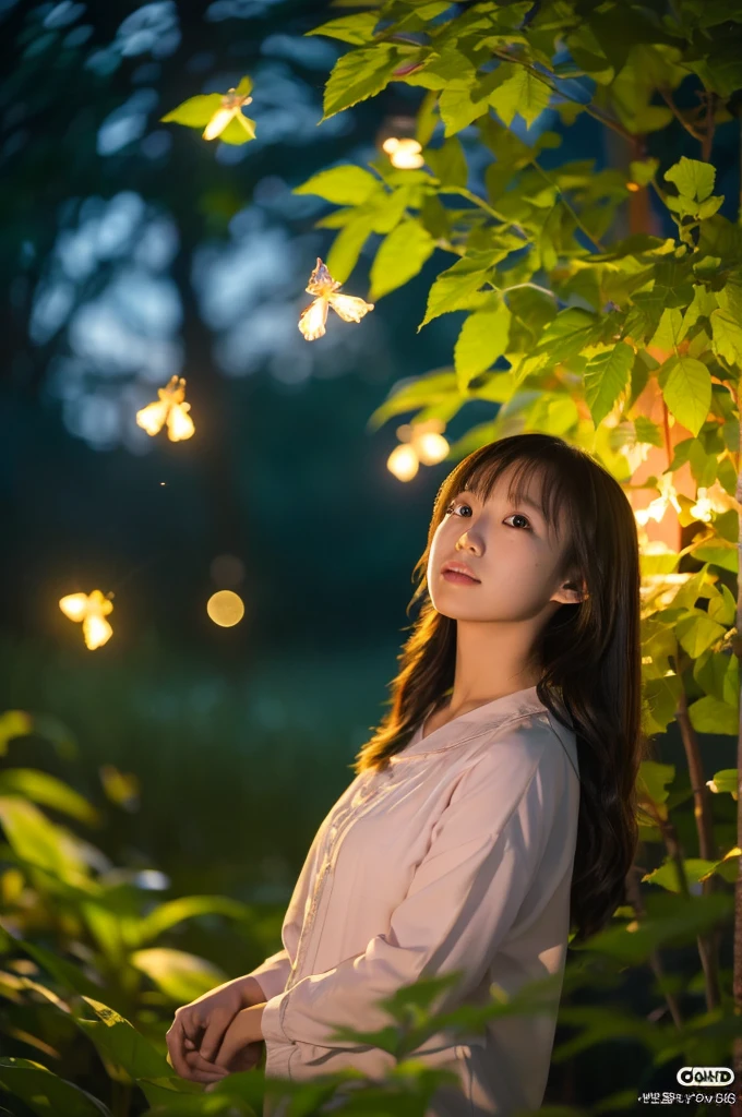 (8K, of the highest quality, masutepiece: 1.2), (Realistic, Photorealistic: 1.37), Super Detail, one girls, Wide-angle angle of view, Firefly Garden, There are many small faint lights and fireflies flying around, Night