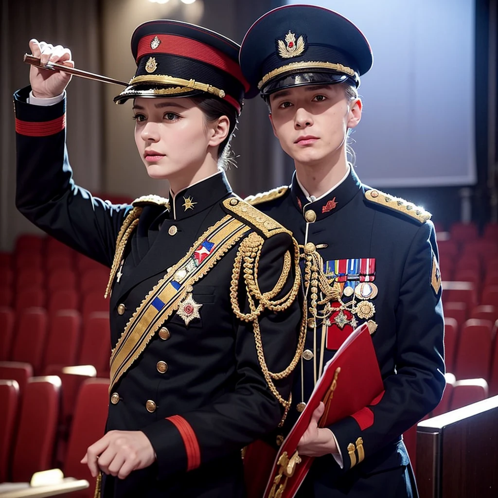 Russian military conductor in uniform, without headdress, proudly conducts a piece of music, against the backdrop of a large concert hall