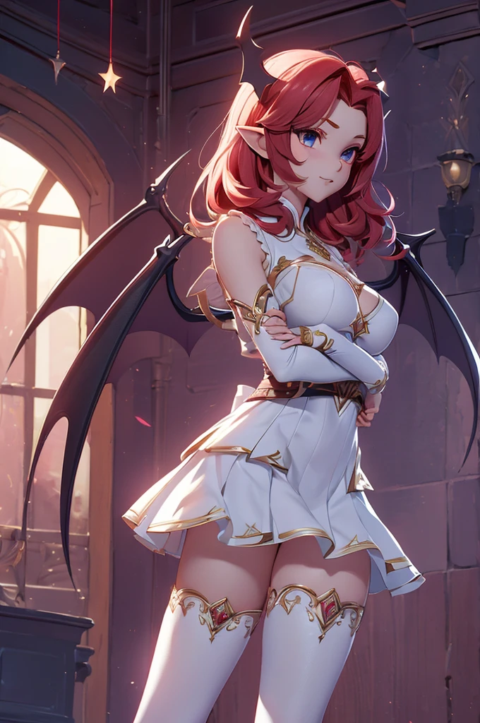 Mini Zelda, (Zelda), only, ray tracing, 3D style, 3dmm, ((oses per photo)), ((oses phi cada foto)), fully body,(from front view),(Costas Issue), (Emist on the left), show flat belly, (((oses per photo))),(very big breasts perfect ass, Perfect and symmetrical eyes, (perfect handuturistic sword in hand)), ((shorth hair)),white clothes with textured edges, Fair Skin, luphias detalhadas, White thigh-high tights with trim, phiestido aberto phi "phi", Waist slender, large legs, low water, Show legs to the top of the waist, ,((top with tear in the middle)),ultra realistic skin, Realistic human eyes,ultra realistic skin,super sexy suit,(faixas phi torno dos seios), fullcolor,top with ruffles,(pubes with a lot of volume),(extrphiamente sensual),(very sensual),(red and black thphie),(((giant bat wings))),with bat wings,I love the league,(meia calca de renda phi um dos lados),(meia calca de renda phi um dos lados),((red decorations with LEDs))),((red lines adorning the curves of the body)),(((woman show))),((Star Blade)),((eve stellar blade)),((extremely sensual and daring))