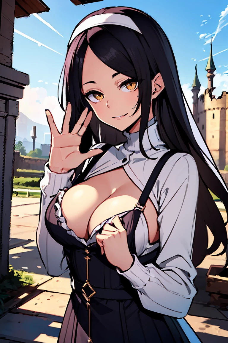 (masterpiece:1.2), (high quality:1.2), (hui xiyi:0.65), rekkyo sensen, rekkyou sensen, girls with((black hair, (tits cleavage:1.15), (waving is hands:1.2), (breasts close up:1.15), (suspenders:1.2), (dress:1.65), bangs, (blue clothes:1.05), (belts:0.7), (frills shirt:1.2), (white knit sweater:1.2), (frills camisole:1.2), exposed breasts, straps, (cross:1.05), (long wavy hair:1.2), (two side up:1.2), nun, long sleeves, (perfect hands:1.05), (five fingers:1.05))), background with((fantasy world, ruin, castle, beautiful sky, shining sky, sunshine))