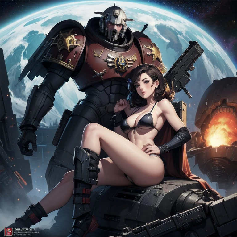 pin-up style drawing, female Warhammer 40k space marine, sexy pose, armored bikini, posing on the bridge of a space dreadnought, holding a space marine assault rifle, "For the Emperor"