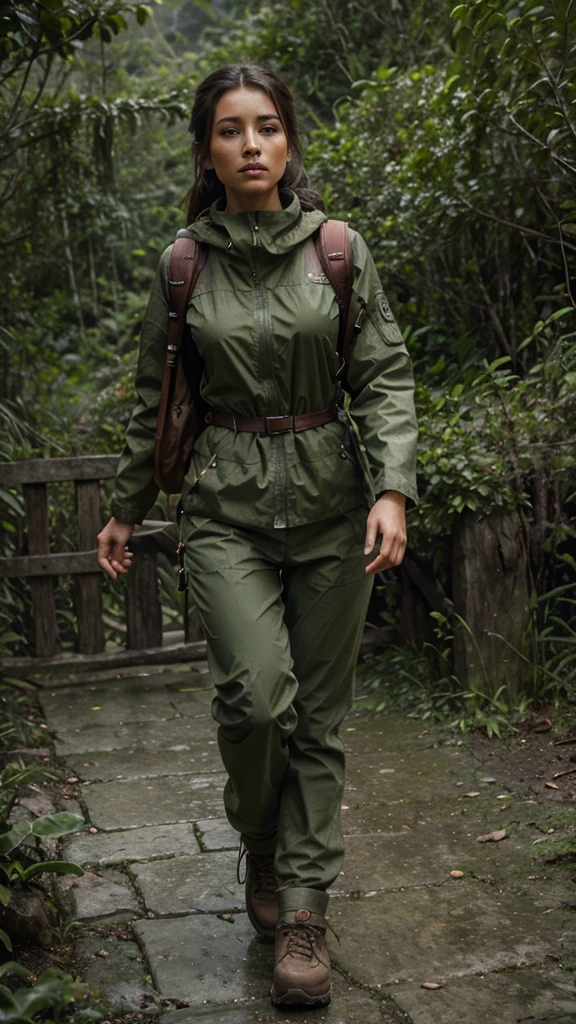 detailed face, detailed eyes, detailed lips, highly detailed, 4k, 8k, photorealistic, cinematic lighting, dramatic colors, lush vegetation, atmospheric fog, intricate details, breathtaking landscape, adventure, exploration, full body shot, Beautiful woman is hiking, wearing a carrier bag, wearing a mountain jacket, wearing mountain pants, ((wearing mountain shoes)), Indonesian mountains background