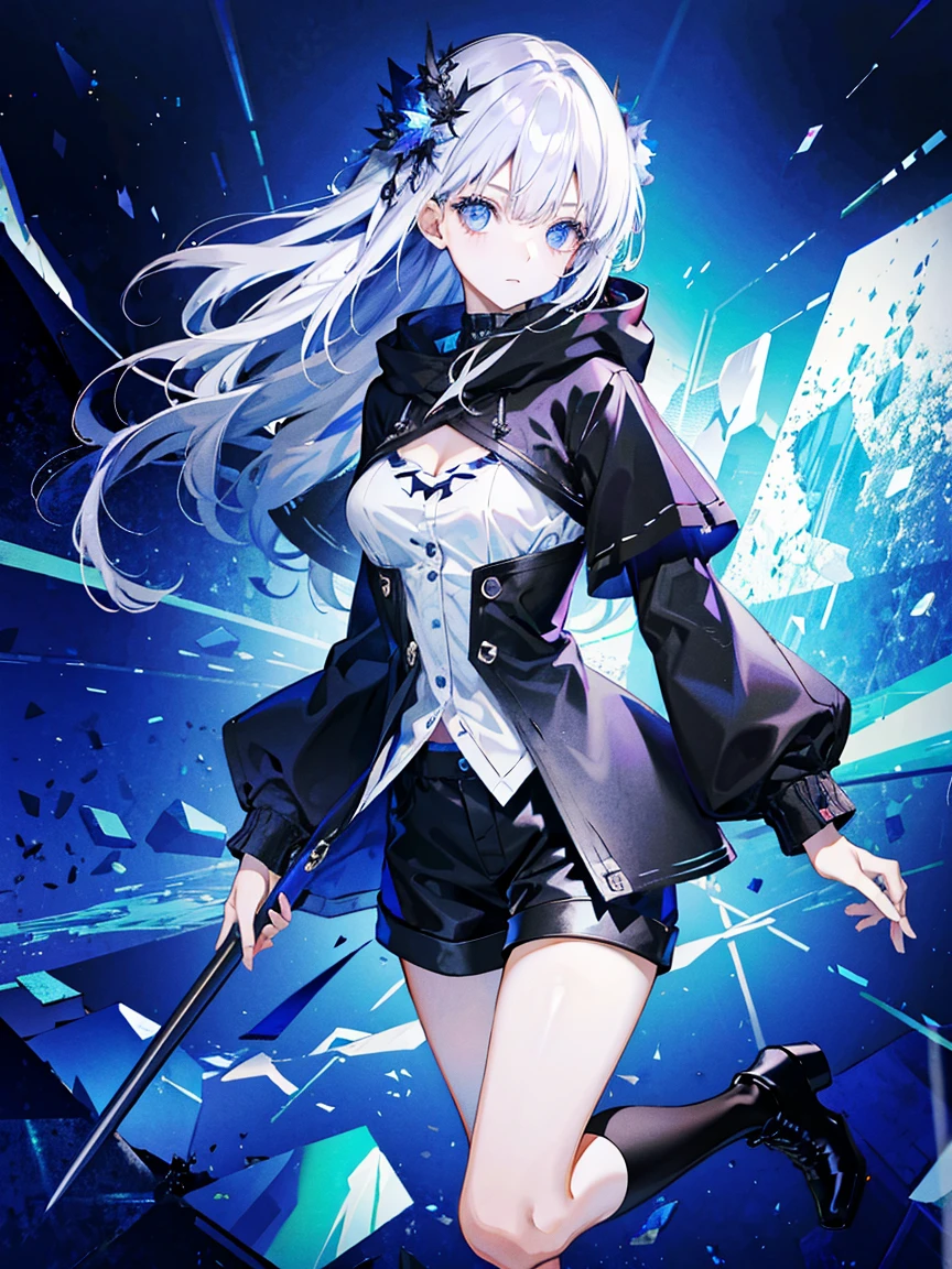 (Fine and beautiful eyes)、long hair，Long, blue-gray hair，Two moles under the eyes，Beautiful blue eyes，Detailed eyes，Detailed face，Large breasts，Black Hoodie、Thin legs，Long black boots、High resolution eyes、Jewel-like eyes、Purple eye、Straight Hair、Minimally revealing clothing、Short, oversized black shorts、Extreme Detail、High resolution、Shining Eyes