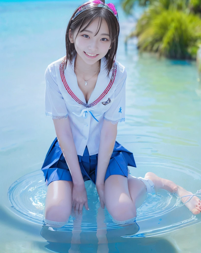 (NFSW)、(High resolution:1.5)、Highest quality,Very detailed,masterpiece,Super detailed,alone,(One 12 year old girl),((Summer School Uniforms:1.5)), Seraphim, ((skirt:1.5)), smile, Thigh fetish images: 1.5、(((barefoot)))、(Her thighs and white bikini reflected in the clear blue water)、(reflected in water:1.5)、((I can see the white string panties:1.5))、(Cleavage)、((Clear blue seawater))、Summer sun、はしゃいだsmile、Beautiful Eyes、(pull-out-panties)、(Panties on knees)、Big necklace and tiara、The water is marine blue、(((Glossy thighs)))