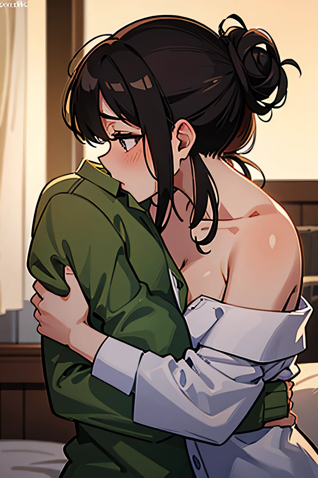 Amazing portait of a hot next door neighbour with her hair tied in a messy bun wearing an off shoulder checked olive green shirt that is unbuttoned and oversized kissing and making out passionately with her male neighbour on her bed in an intimate setting