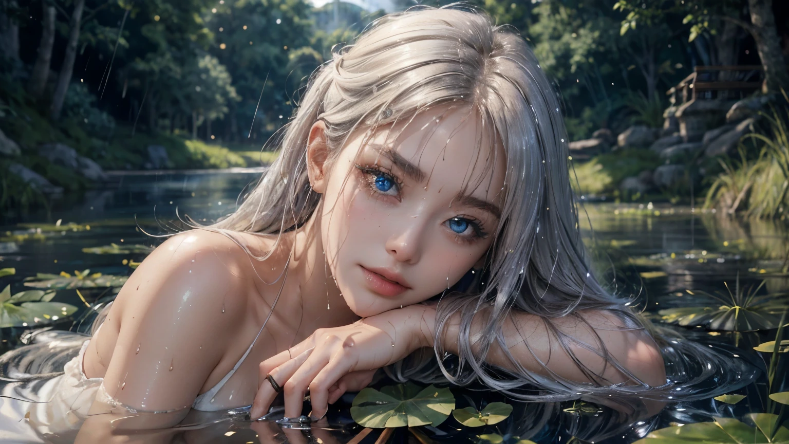 landscape of an woman, landscape of a very beautiful woman,(((extreme closeup))), Nao Tomori/(Charlotte/), anime style, (((lie sideaways)))!!, (lie sideaways on the shallow water in by the pond), looks at the camera with beautiful blue eyes, (Beautiful blue eye's like sapphire :1.40)!!, Stars in her fixed eyes, attractive smile, Cute little nose,  white hair between eyes,  White hair bangs, (ultra shine white hair)!!, (curvy hair with double tied up)!!, (bare shoulders)!!, detailed realistic hair,  breathtaking rendering, Sweet girl, Best Quality, Masterpiece, Ultra-detailed, Beautiful, hight resolution, Original, CG 8K, perfect artwork, beatiful face, Face Clean, Skin, hyper realistic, Ultra Detailed, A detailed eye, dramatic  lighting, (Realistic) Realistic, Full HD, Best Quality, Best Quality, Beautiful lighting, (8k wallpaper of extremely detailed CG unit), High Details, sharp-focus, The art of dramatic and photorealistic painting, beautiful smile, Incredibly detailed face, hyper detailed face, A face with a lot of detail, Perfect nose, gorgeous smile, A star in the eye, Perfect eye shadow, wink, Hyper-Detailed Eyes, Hyper-detailing of eyebrows, Hyper-detailed eyelashes, ((In shallow water)), by the pond, Beautiful butterflies are flying, (((Wet body))), Shiny skin, Fine-grained skin, Fine-grained hair, (Butterflies flying around a 1girl), (Starry sky), forest, Pillar of Light, water lily, mosses, crystal clear clean water, Moonlight, Glitter, (Midnight, Dark)