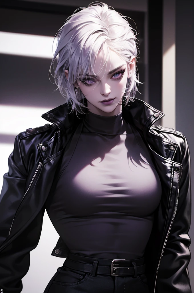 a punk girl, student, hooligan, short messy white hair, purple eyes, black punk clothes, punk, chains, black sleeveless top, baggy black pants, sadistic smile, aggressive, dark purple lipstick, thug, (best quality,4k,8k,highres,masterpiece:1.2),ultra-detailed,(realistic,photorealistic,photo-realistic:1.37),cinematic lighting,dramatic shadows,gothic,dark fantasy,moody,dramatic, leather jacket hanging from the shoulders pumped up muscles