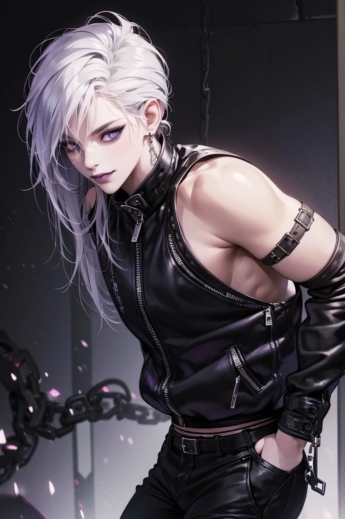 a punk girl, student, hooligan, short messy white hair, purple eyes, black punk clothes, punk, chains, black sleeveless top, baggy black pants, sadistic smile, aggressive, dark purple lipstick, thug, (best quality,4k,8k,highres,masterpiece:1.2),ultra-detailed,(realistic,photorealistic,photo-realistic:1.37),cinematic lighting,dramatic shadows,gothic,dark fantasy,moody,dramatic, leather jacket hanging from the shoulders pumped up muscles