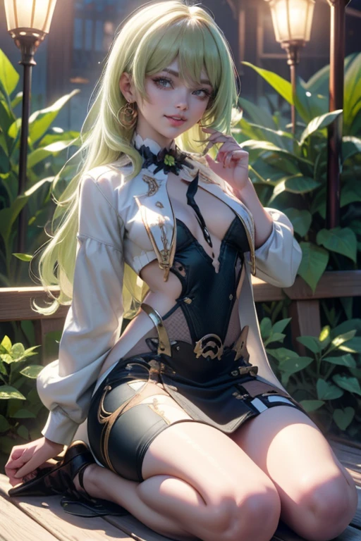 Mobius_(honkai impact 3d), white roses, ornament hair, white roses on her hair, succubus, a snake girl, perfectly body, perfectly hands, wave hair, light green hair, long hair, seat on a sofa in the garden, garden scenery, gold lantern, white dress, more details on her clothes, golden details, night, smiling, coat, ((4k, masterpiece, top-quality)),8k, best quality, high resolution, HD, (illustration:0.8), super cute girl, delicate and beautiful face, 1girl, solo, mature girl, super cute hairstyle, (beautiful detailed eyes:1.6), extremely detailed face, perfect lighting, extremely detailed CG, (perfect hands, perfect anatomy), super complex details, intricate details, Best quality, cleavage, clothes lift, skirt, lying, full Body, perfect body ,sitting, armpit