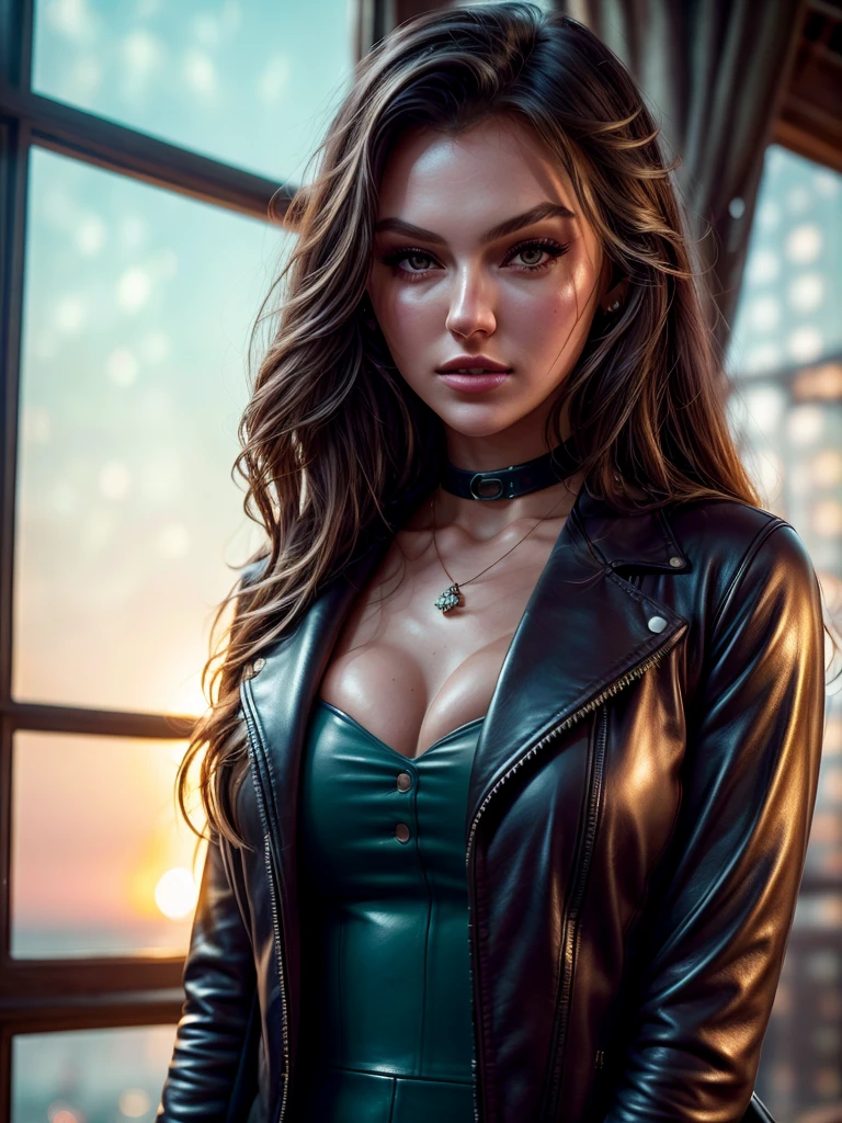 Foto hiperrealista en primer plano de arafed woman (r4ch3lp1zzolato) , masterpiece, best quality, (photorealistic:1.4), full body, (red luxury long button up leather gown and leather jacket:1.15), cinematic light, beautiful woman, wavy hair, choker, low hanging necklace, detailed face, in a old abandoned factory, amber twinkle lights in background, romantic lighting, (surrounded by flowers:1,15), (sunset:1.05), action pose,