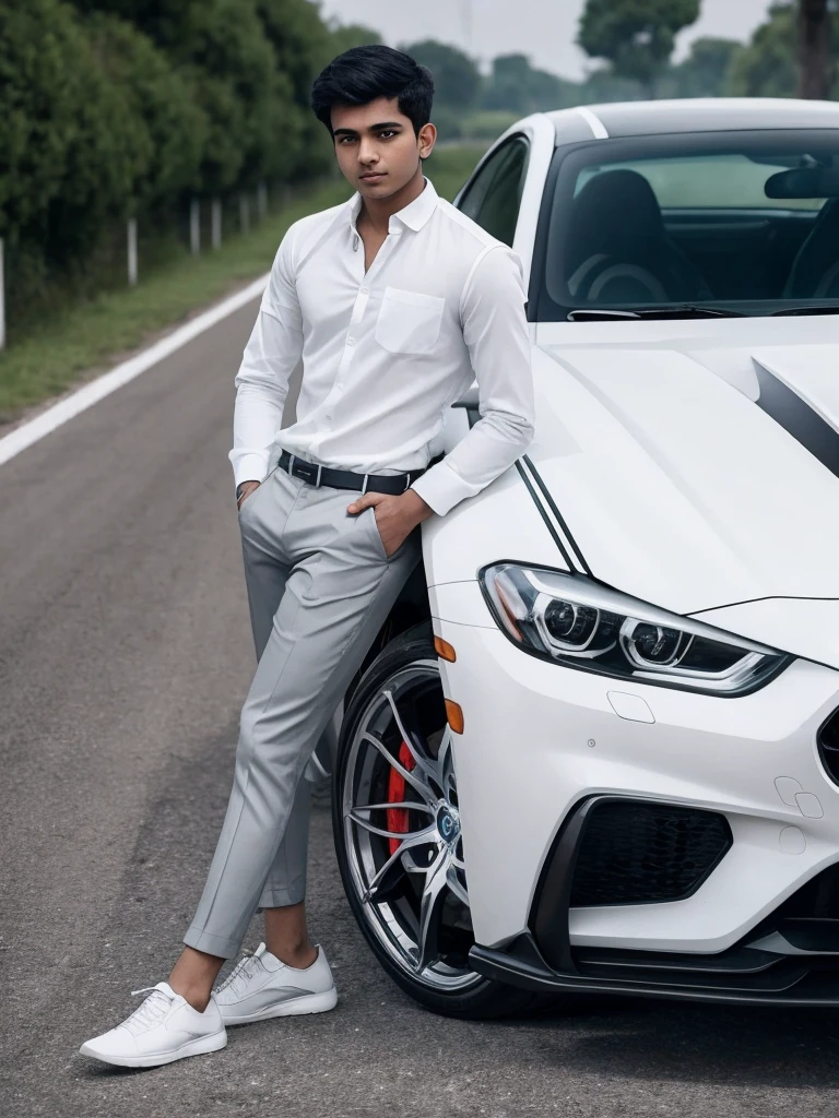 A 18 years old Indian bihari boy, white skin, black short hair, wearing formal white shirt gray pant, stand next to the sport car, motion blur, drop shadow, speed lines, 8k, 16k, 1080P, HD, highres, best quality, award winning, high quality, high details, super detail, anatomically correct