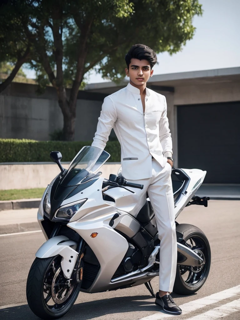 A 18 years old Indian bihari boy, white skin, black short hair, wearing formal white shirt gray pant, stand next to the sport car, motion blur, drop shadow, speed lines, 8k, 16k, 1080P, HD, highres, best quality, award winning, high quality, high details, super detail, anatomically correct