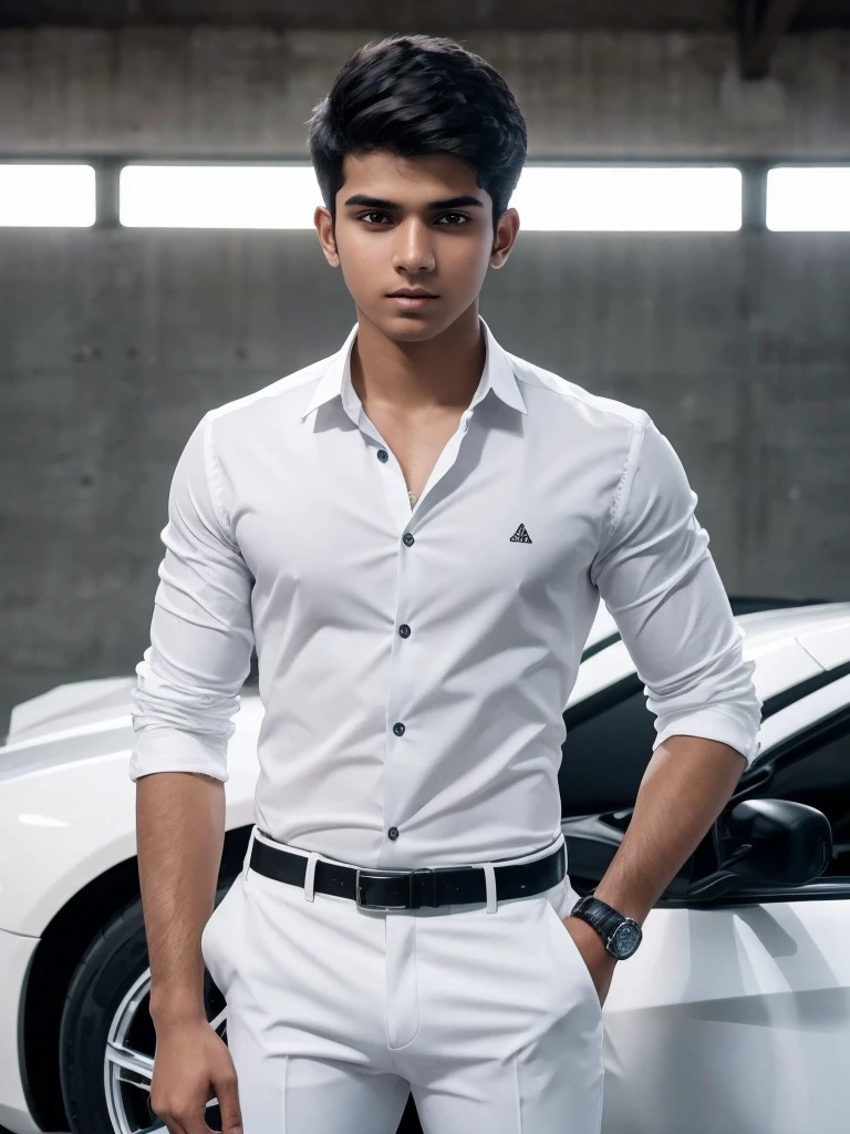 A 18 years old Indian bihari boy, white skin, black short hair, wearing formal white shirt gray pant, stand next to the sport car, motion blur, drop shadow, speed lines, 8k, 16k, 1080P, HD, highres, best quality, award winning, high quality, high details, super detail, anatomically correct