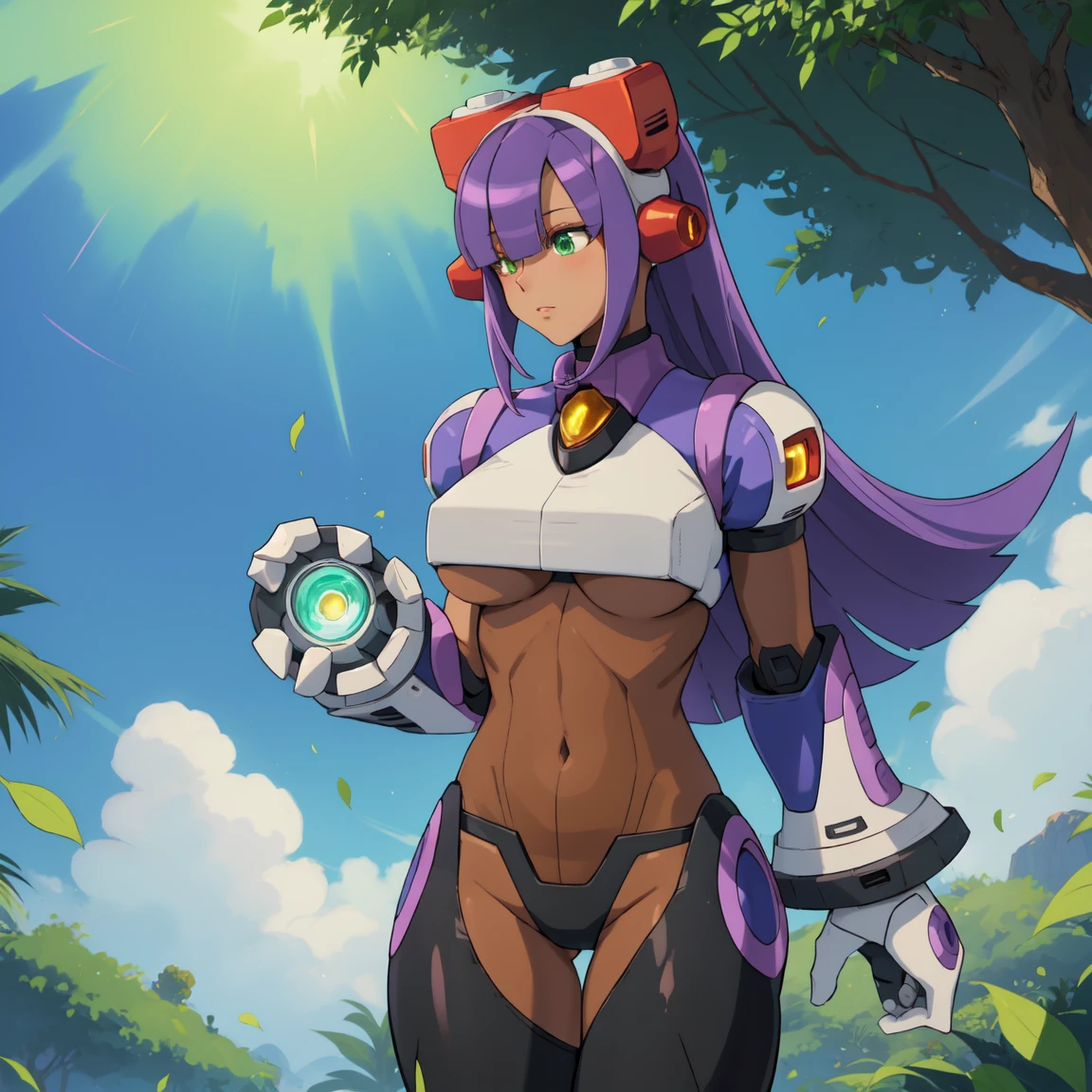 layer_megamanx, 1girl, solo, long hair, purple hair, green eyes, blunt bangs, hair over eyes, large breasts, dark skin, dark-skinned female, android, underboob, robot ears, high quality, masterpiece, standing with green flames coming from a tree