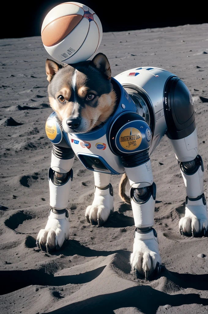 Robot dog on the moon playing ball