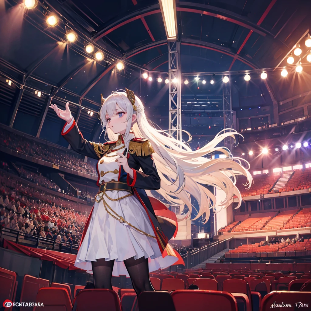 Russian military conductor, without headdress, proudly conducts a Russian piece of music, against the backdrop of a large concert hall in Russia
