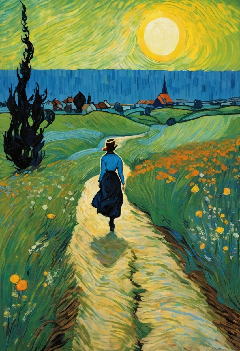 The fork in the road and the woman walking along one of the paths in the foreground are not important as part of the plot. He supplemented the picture with these elements to give it dynamism and realism. And therefore the silhouette of a woman is written schematically.
The work is not saturated with bright colors - so characteristic of Van Gogh's style. Only the sky is bright blue, but dark, probably to convey good weather or evening time.
A sufficient number of colors were used: yellow, brown, orange, green, blue. The artist did not skimp on colors when painting grass and, especially, flowers, sparkling with white, light green, blue and marsh-colored paints.